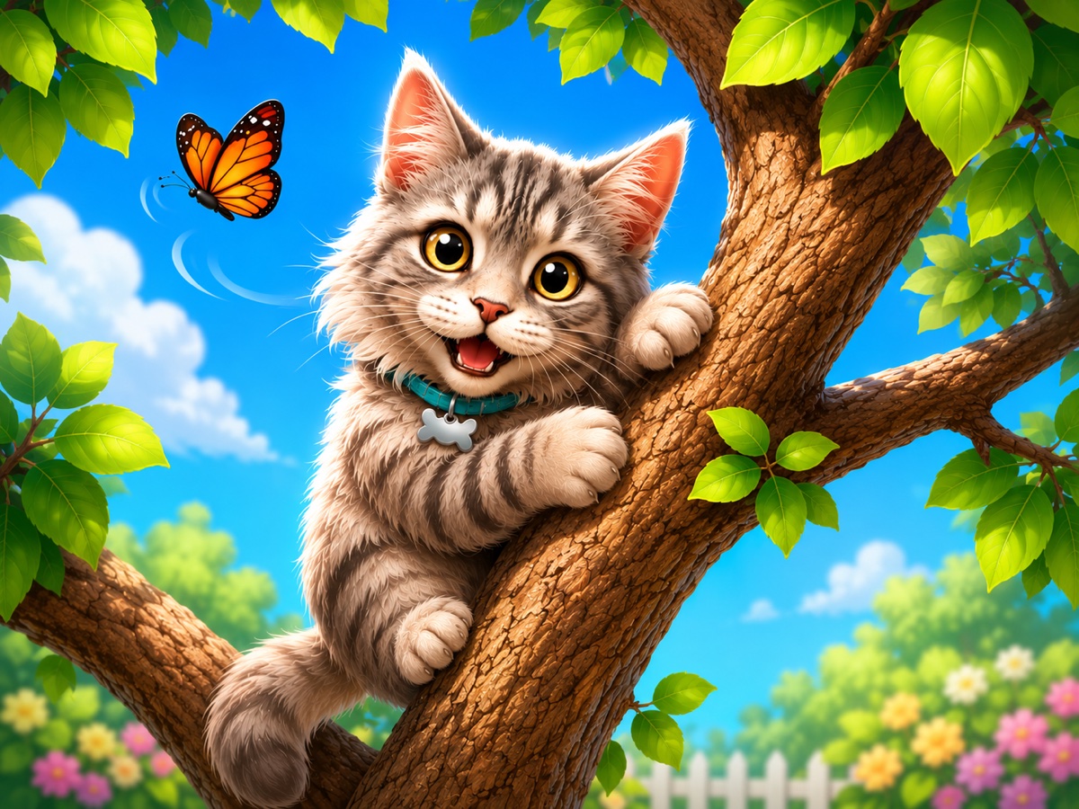 Kitty Catch — a happy kitten up a tree, eyeing a butterfly